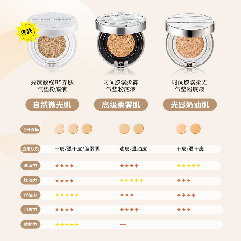 KATO Brightness Tutorial B5 Nourishing/Time Capsule Velvet Matte/Soft Light Air Cushion Foundation 12g*2/14g*2 KATO B5时间胶囊柔雾柔光气垫粉底液