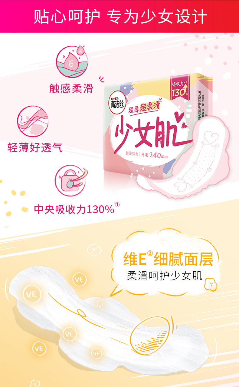 Kotex Adolescent Muscle Series Filamentous Thinness Sanitary Pads 240mm 6/10/18/32pcs (Day) 高洁丝卫生巾少女肌丝薄日用240mm